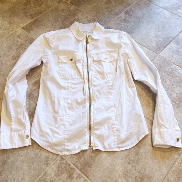 Michael Kors full zip collared long sleeve white top small stretch cotton - Picture 5 of 9